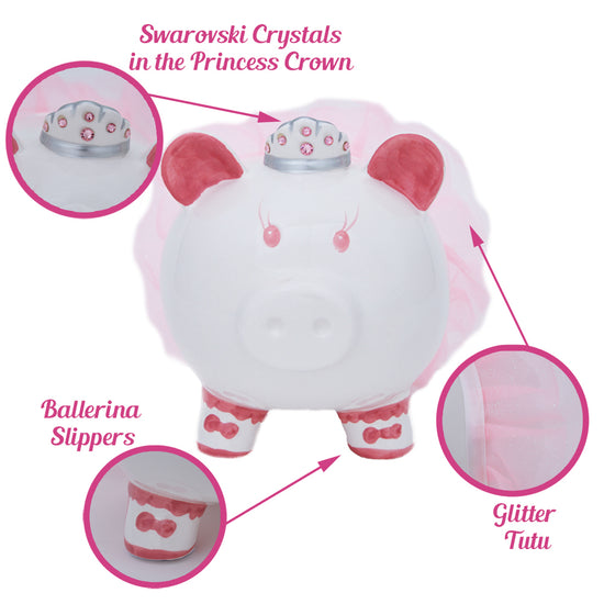 Princess Ballerina Porcelain Piggy Bank for Girls with Swarovski Crystal Crown & Pink Tutu, With Rubber Stopper