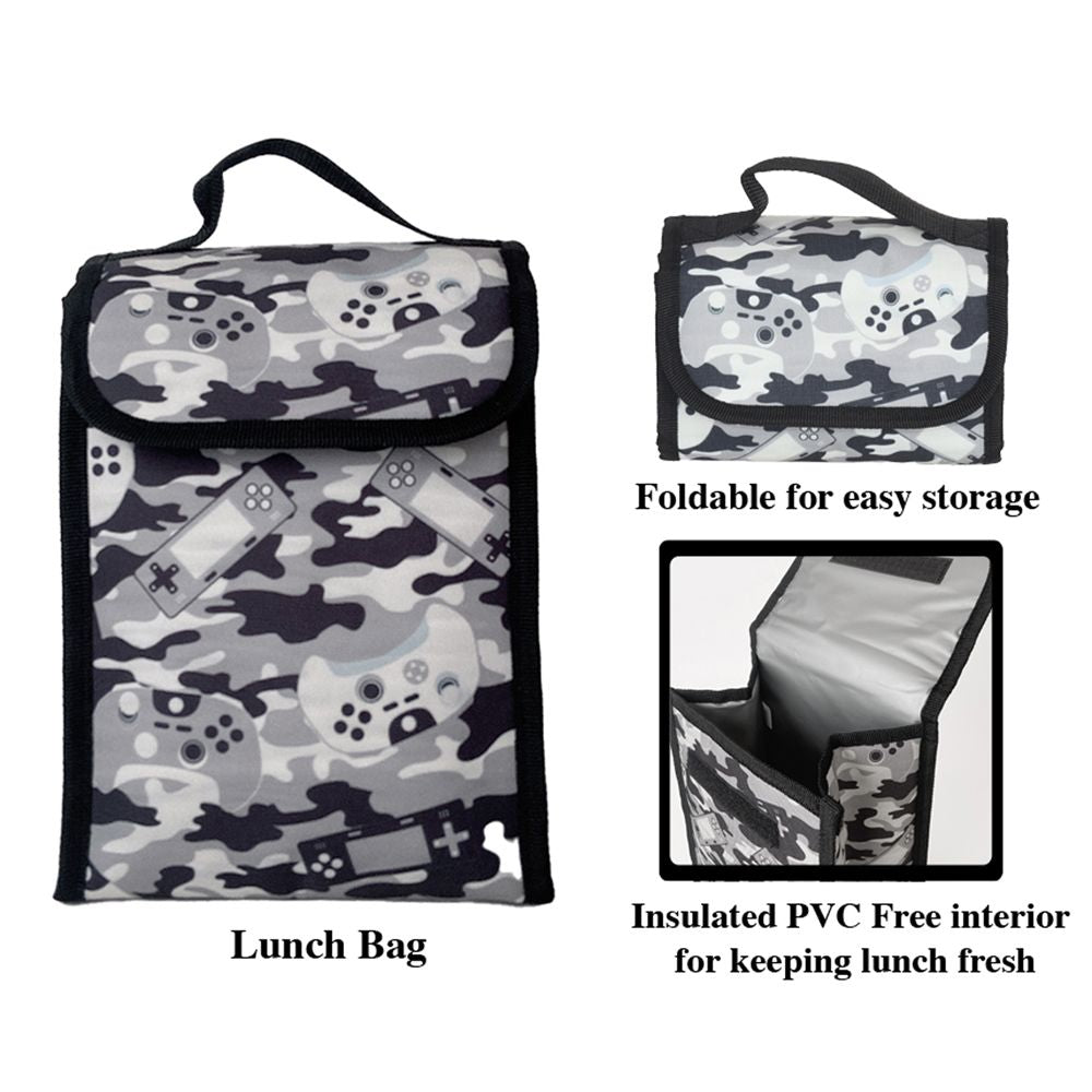 Grey Gaming Camo Backpack Set for Boys & Girls, 16 inch, 6 Pieces - Includes Foldable Lunch Bag, Water Bottle, Key Chain, & Pencil Case