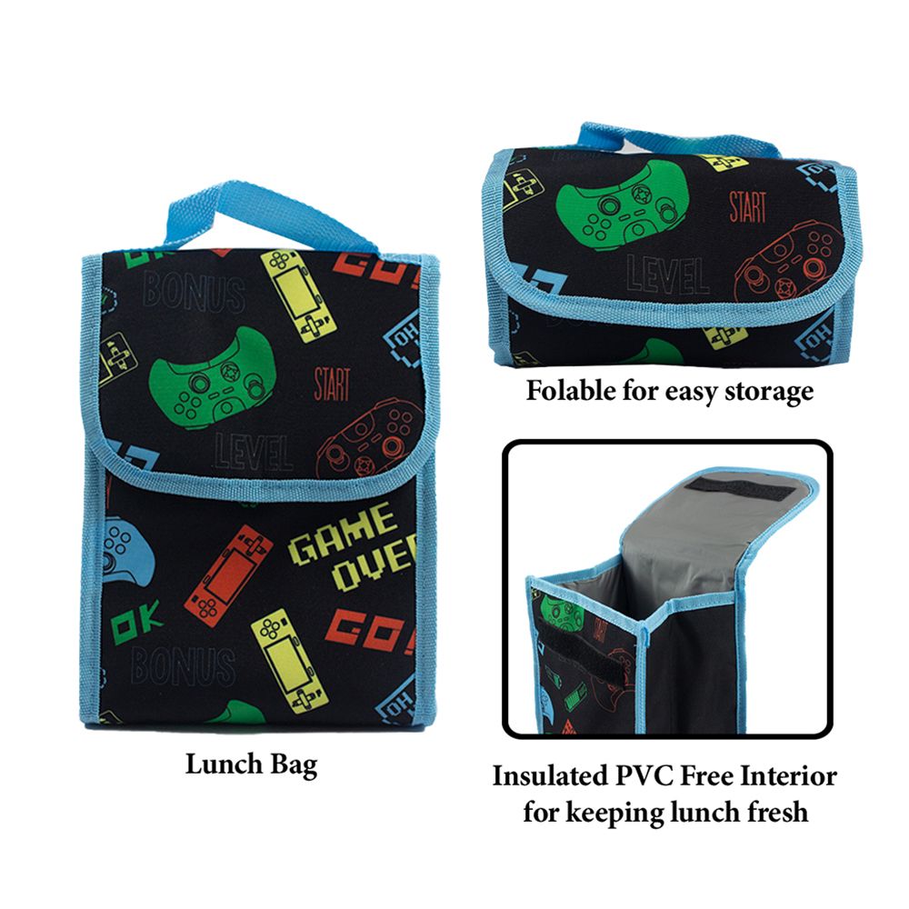 Gaming Backpack Set for Kids, 16 inch, 6 Pieces - Includes Foldable Lunch Bag, Water Bottle, Key Chain, & Pencil Case