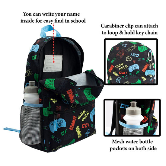 Gaming Backpack Set for Kids, 16 inch, 6 Pieces - Includes Foldable Lunch Bag, Water Bottle, Key Chain, & Pencil Case
