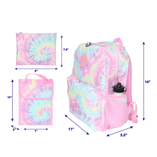 Tie Dye Backpack Set for Girls, 16 inch, 6 Pieces - Includes Foldable Lunch Bag, Water Bottle, Scrunchie, & Pencil Case