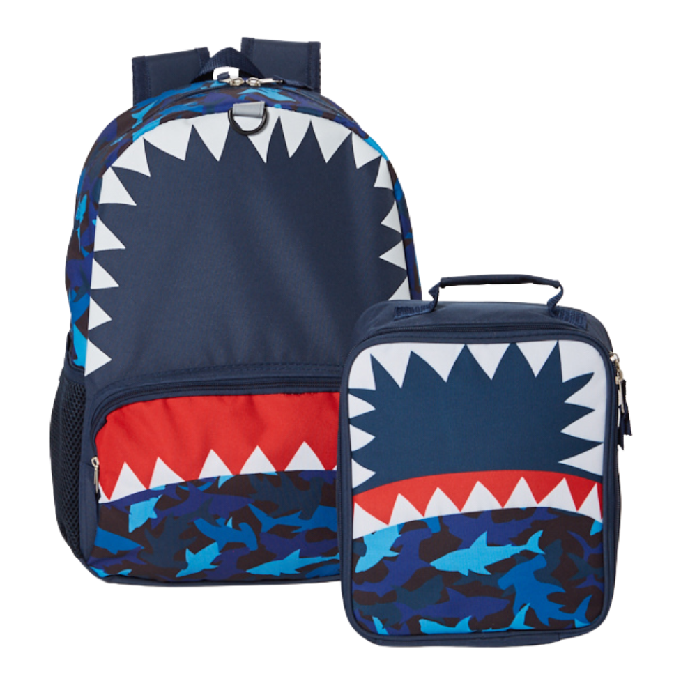 16 Inch Shark Backpack with Lunch Box Set for Boys or Girls, Value Bundle, Blue