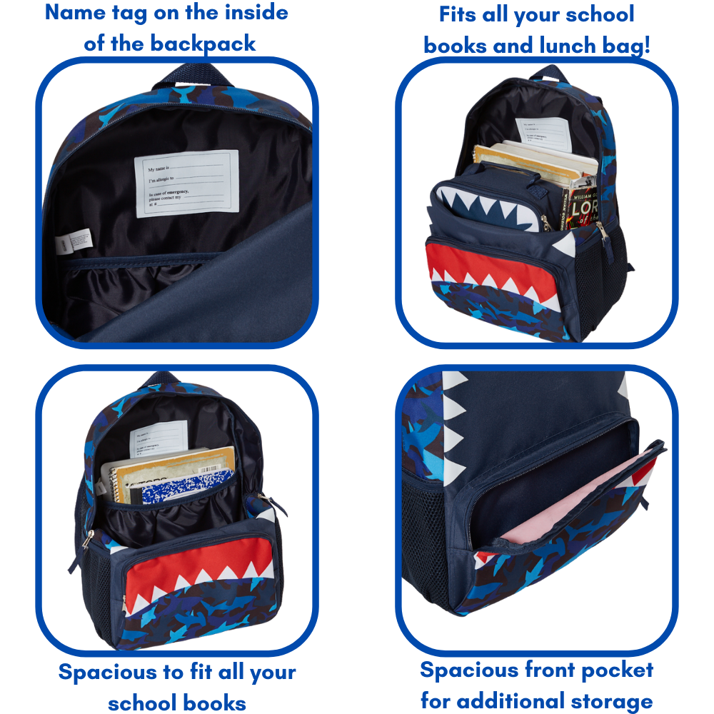 16 Inch Shark Backpack with Lunch Box Set for Boys or Girls, Value Bundle, Blue