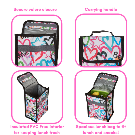 Empowerment Heart Love Backpack Set for Girls, 16 inch, 6 Pieces - Includes Foldable Lunch Bag, Water Bottle, Scrunchie, & Pencil Case