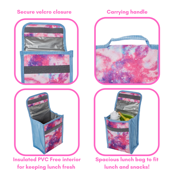 Pink Galaxy Backpack Set for Girls, 16 inch, 6 Pieces - Includes Foldable Lunch Bag, Water Bottle, Scrunchie, & Pencil Case