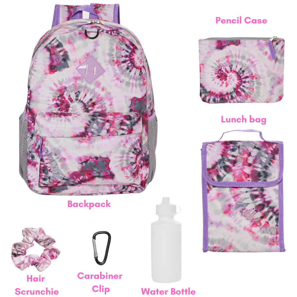 Tie Dye Backpack Set for Girls, 16 inch, 6 Pieces - Include Foldable Lunch Bag, Water Bottle, Scrunchie, & Pencil Case