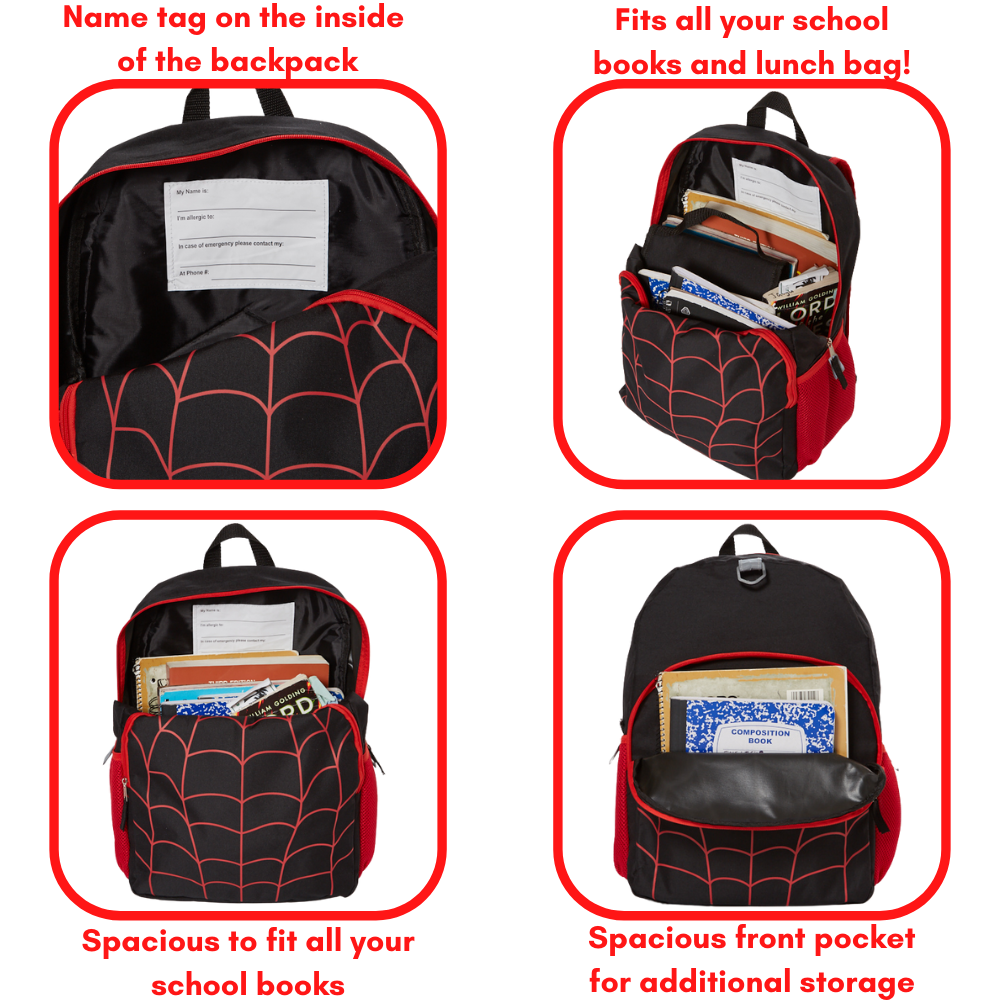 Spiderweb Backpack Set for Boys, 16 inch, 6 Pieces with Foldable Lunch Bag, Water Bottle, Pencil Case, Pop It Key Chain, and Carabiner Clip