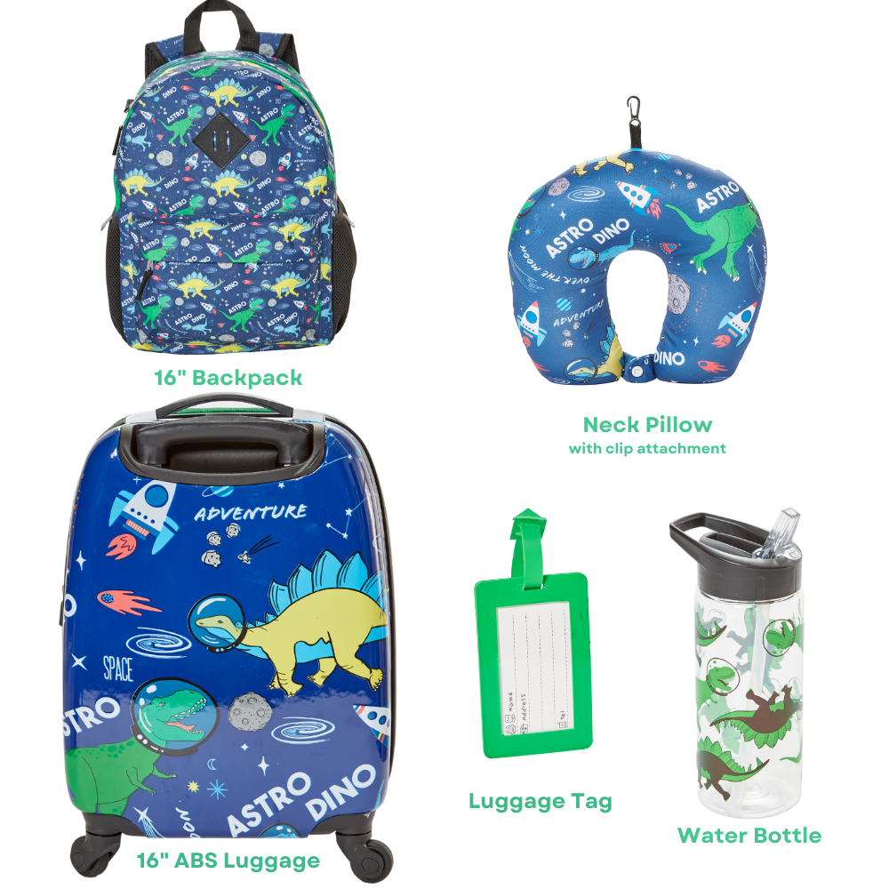5 Pc. Boys’ Dinosaur Space Rolling Suitcase Set with Backpack, Neck Pillow, Water Bottle, and Luggage