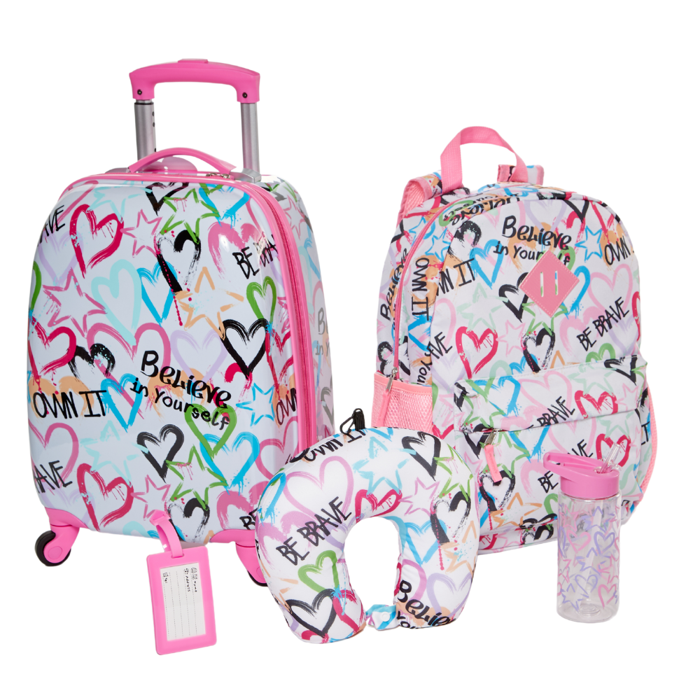 5 Pc. Girls’ Rolling Suitcase Set with Backpack, Neck Pillow, Water Bottle, and Luggage Tag