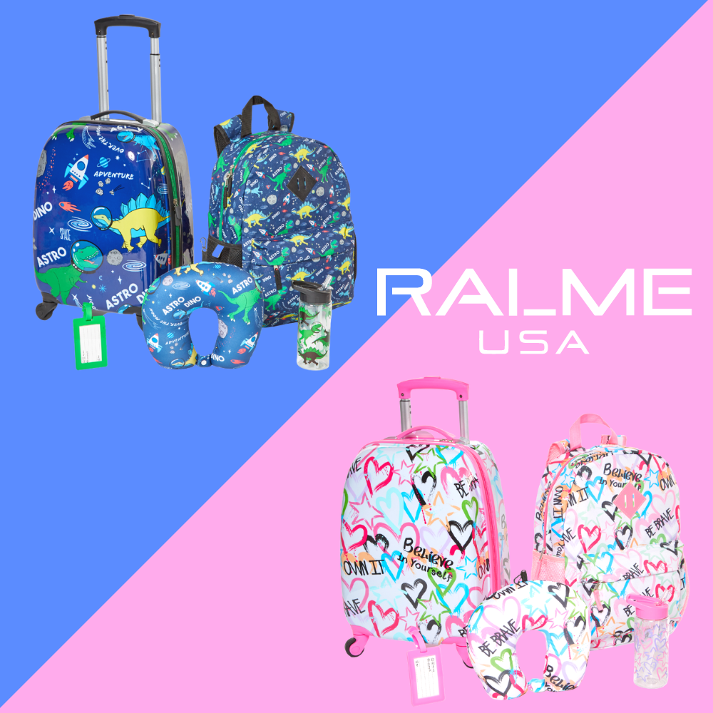 5 Pc. Girls’ Rolling Suitcase Set with Backpack, Neck Pillow, Water Bottle, and Luggage Tag 