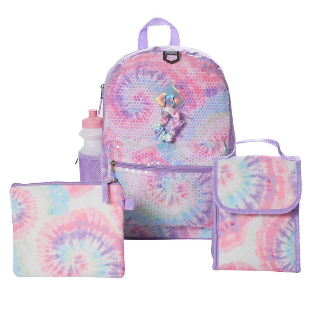 Sequin Tie Dye Backpack Set for Girls, 16 inch, 6 Pieces - Includes, Foldable Lunch Bag, Water Bottle, Pencil Case, Washable Scrunchie & Carabiner Clip – Pink and Purple