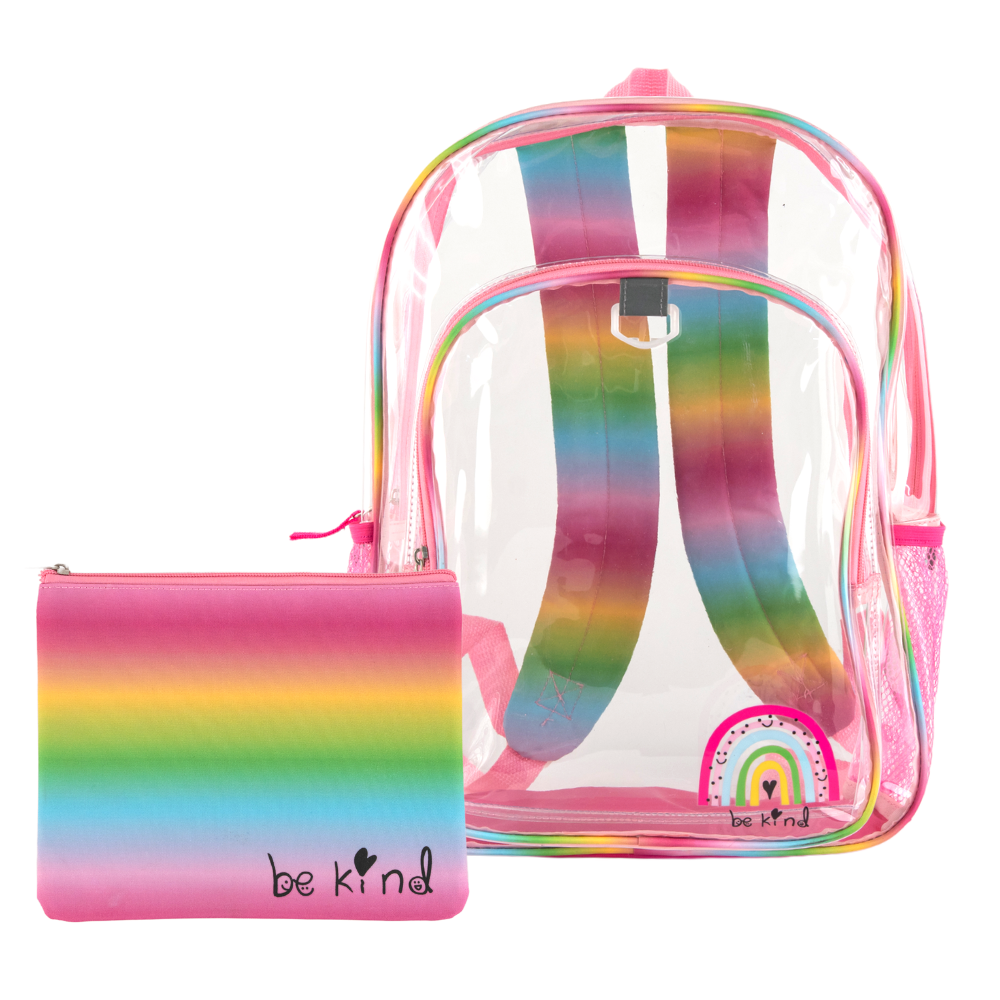 Rainbow Clear Backpack for School, 16 inch Transparent Bag with Matching “Be Kind” Pencil Pouch, 3 Piece Set