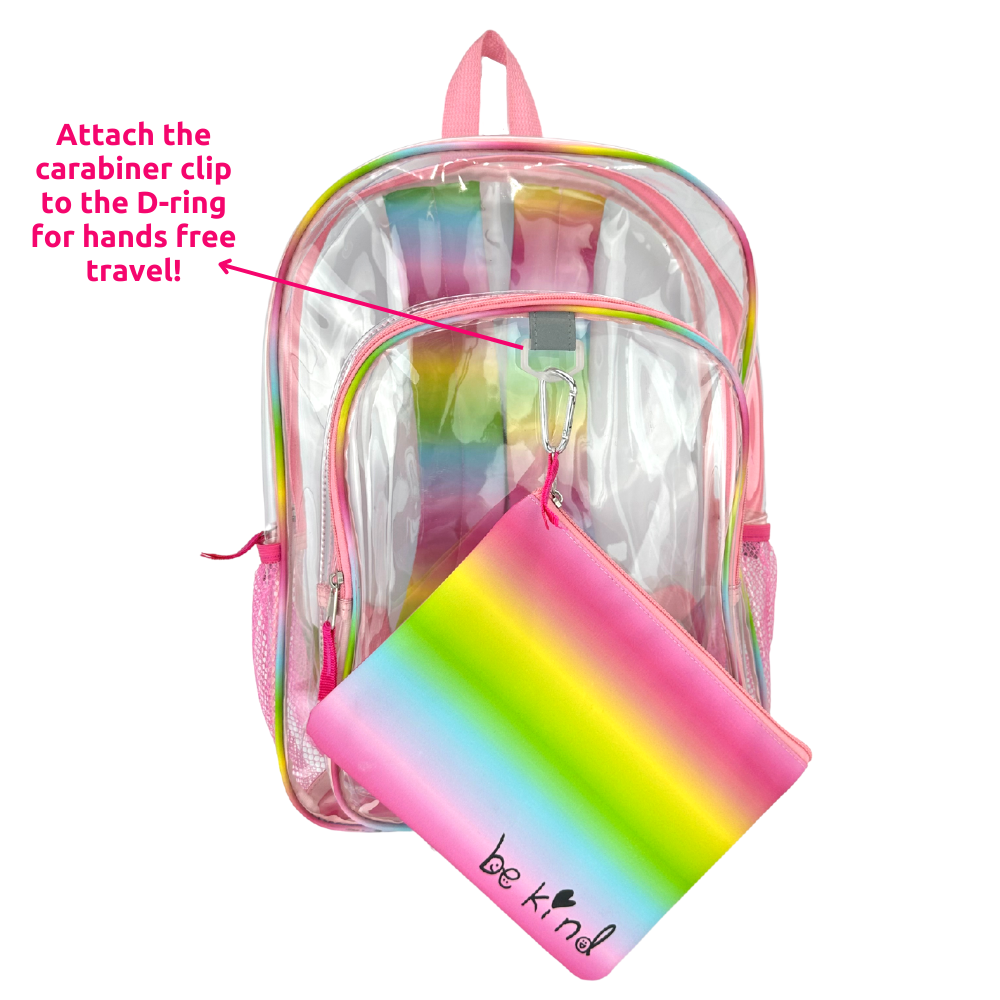 Rainbow Clear Backpack for School, 16 inch Transparent Bag with Matching “Be Kind” Pencil Pouch, 3 Piece Set
