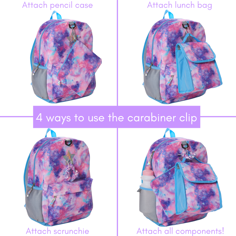 Light Pink Galaxy Backpack Set for Girls, 16 inch, 6 Pieces - Includes Foldable Lunch Bag, Water Bottle, Scrunchie, & Pencil Case