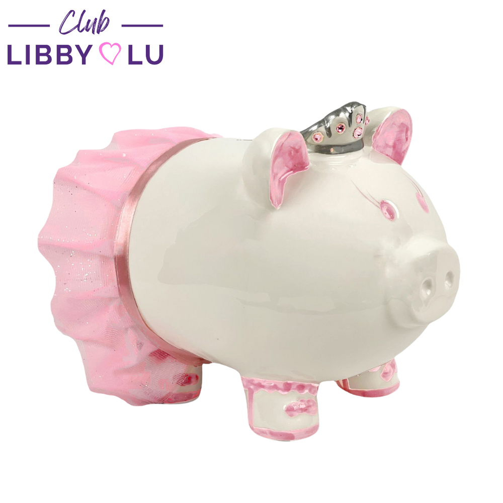 Princess Ballerina Porcelain Piggy Bank for Girls with Swarovski Crystal Crown & Pink Tutu, With Rubber Stopper
