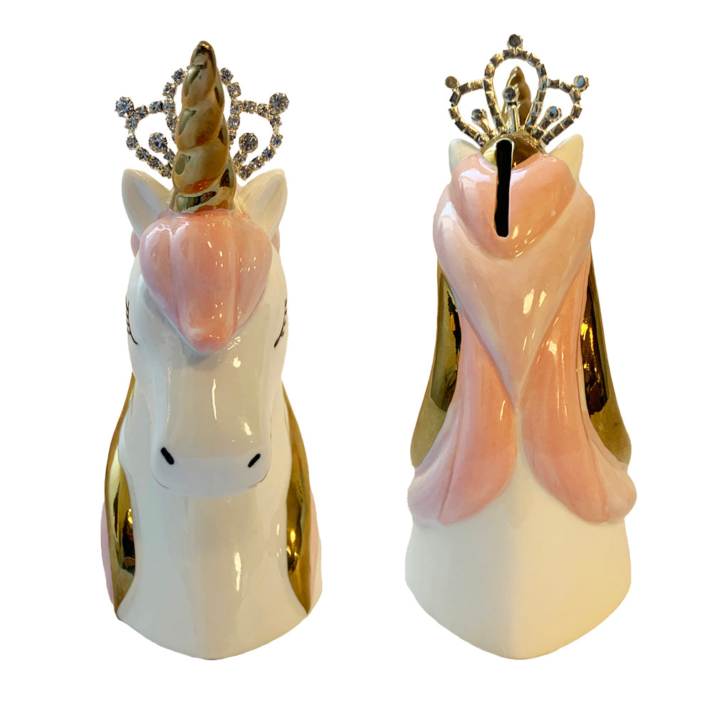 Unicorn Piggy Bank – Coin Money Bank for Girls with Rubber Stopper and Rhinestone Crown