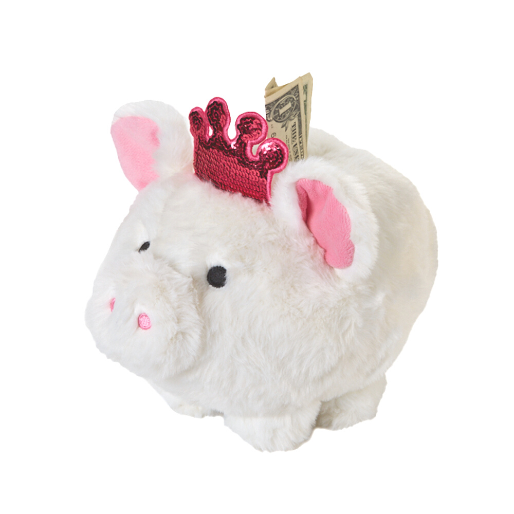 White Plush Piggy Bank for Kids with Pink Princess Crown, Stuffed Animal Coin Banks with Stopper – Princess Piggy Bank for Girls