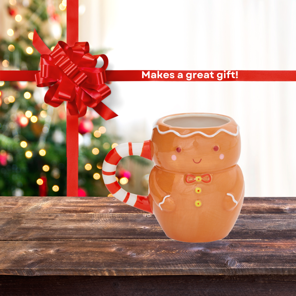 Gingerbread Man Christmas Mug for Kids or Adults - Large Ceramic Coffee or Hot Cocoa Mug, 16 oz.