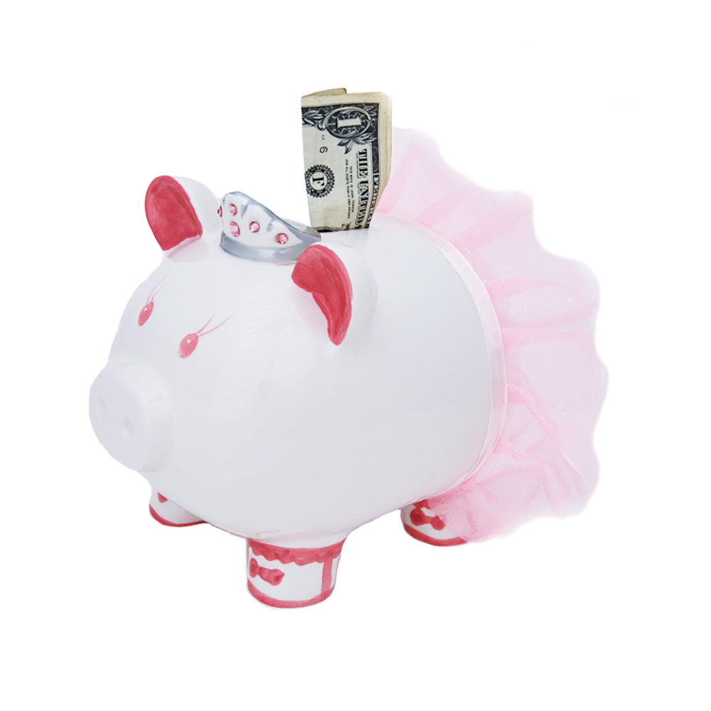 Load image into Gallery viewer, Princess Ballerina Porcelain Piggy Bank for Girls with Swarovski Crystal Crown &amp;amp; Pink Tutu, With Rubber Stopper

