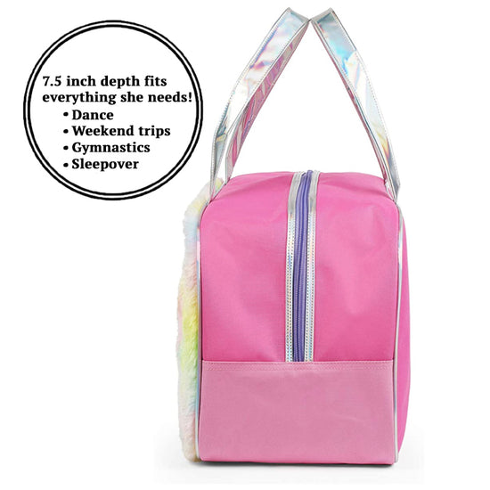 LOL Duffel Bag for Dance, Travel, Sports, or Gymnastics – 18 x 9.5 x 6.5 inches, Rainbow Faux Fur
