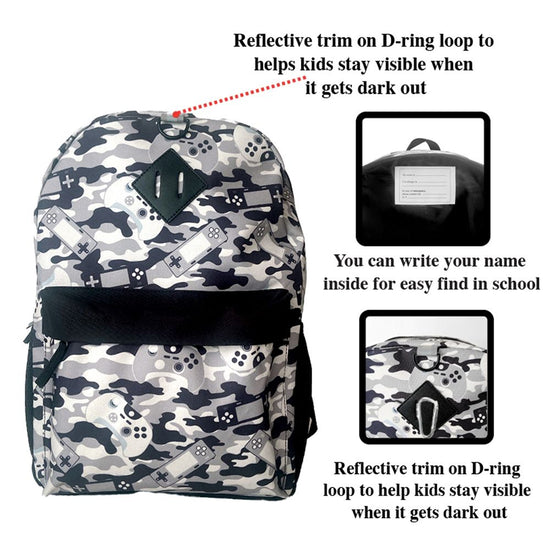 Load image into Gallery viewer, Grey Gaming Camo Backpack Set for Boys &amp;amp; Girls, 16 inch, 6 Pieces - Includes Foldable Lunch Bag, Water Bottle, Key Chain, &amp;amp; Pencil Case
