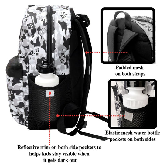 Load image into Gallery viewer, Grey Gaming Camo Backpack Set for Boys &amp;amp; Girls, 16 inch, 6 Pieces - Includes Foldable Lunch Bag, Water Bottle, Key Chain, &amp;amp; Pencil Case
