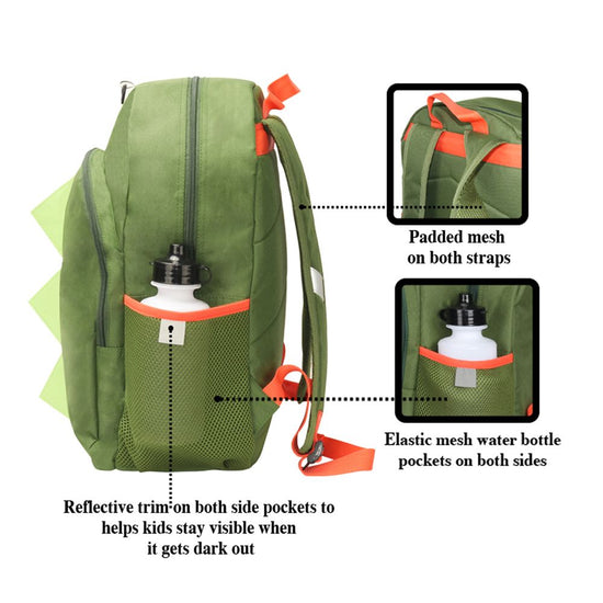 Dinosaur Backpack Set for Kids, 16 inch, 6 Pieces - Includes Foldable Lunch Bag, Water Bottle, Key Chain, & Pencil Case