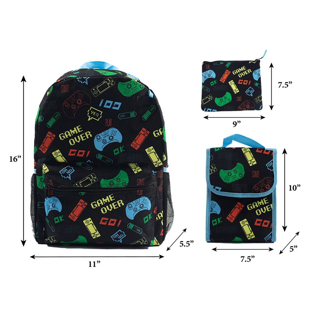 Load image into Gallery viewer, Gaming Backpack Set for Kids, 16 inch, 6 Pieces - Includes Foldable Lunch Bag, Water Bottle, Key Chain, &amp;amp; Pencil Case

