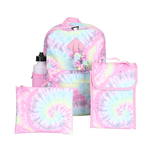 Tie Dye Backpack Set for Girls, 16 inch, 6 Pieces - Includes Foldable Lunch Bag, Water Bottle, Scrunchie, & Pencil Case