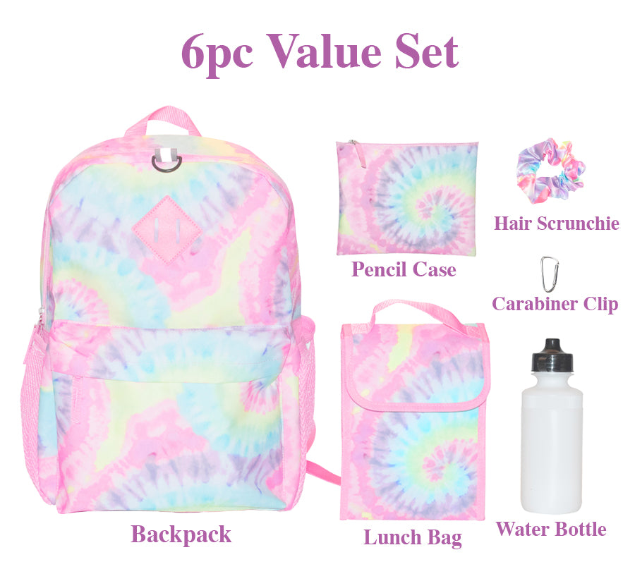 Load image into Gallery viewer, Tie Dye Backpack Set for Girls, 16 inch, 6 Pieces - Includes Foldable Lunch Bag, Water Bottle, Scrunchie, &amp;amp; Pencil Case
