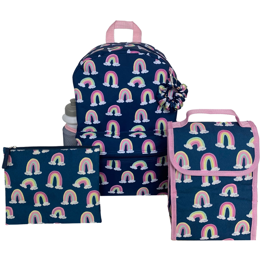 Rainbow Backpack Set for Girls, 16 inch, 6 Pieces - Includes Foldable Lunch Bag, Water Bottle, Scrunchie, & Pencil Case