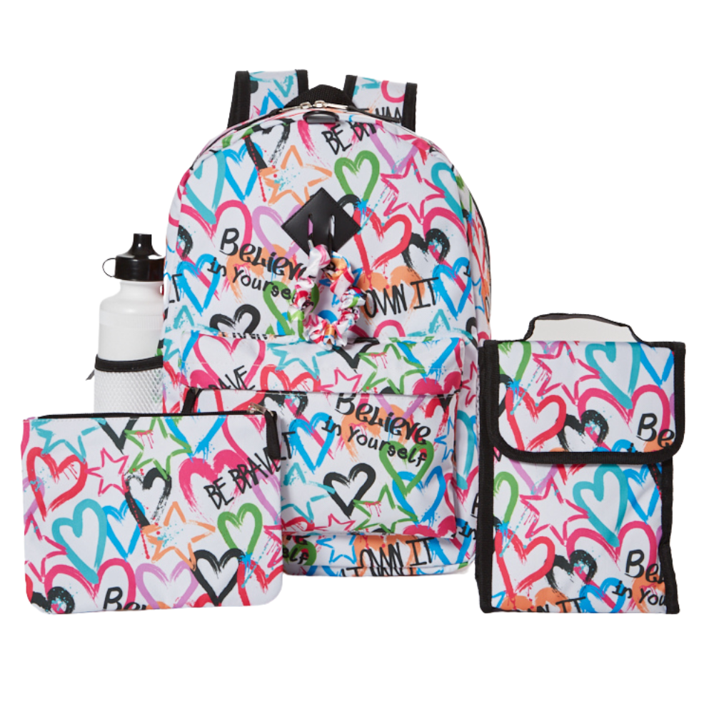 Empowerment Heart Love Backpack Set for Girls 16 inch 6 Pieces Includes Foldable Lunch Bag Water Bottle Scrunchie Pencil Case