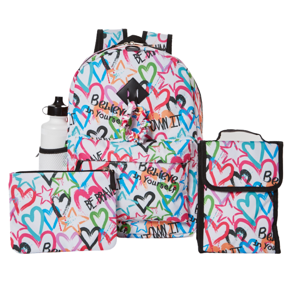 Empowerment Heart Love Backpack Set for Girls, 16 inch, 6 Pieces - Includes Foldable Lunch Bag, Water Bottle, Scrunchie, & Pencil Case