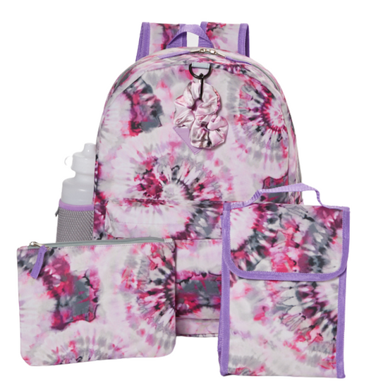 Tie Dye Backpack Set for Girls, 16 inch, 6 Pieces - Include Foldable Lunch Bag, Water Bottle, Scrunchie, & Pencil Case