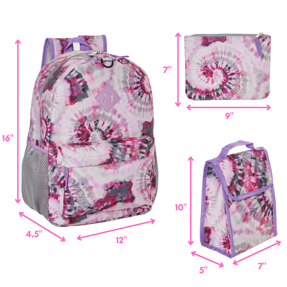 Tie Dye Backpack Set for Girls, 16 inch, 6 Pieces - Include Foldable L ...