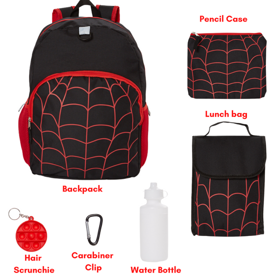 Load image into Gallery viewer, Spiderweb Backpack Set for Boys, 16 inch, 6 Pieces with Foldable Lunch Bag, Water Bottle, Pencil Case, Pop It Key Chain, and Carabiner Clip
