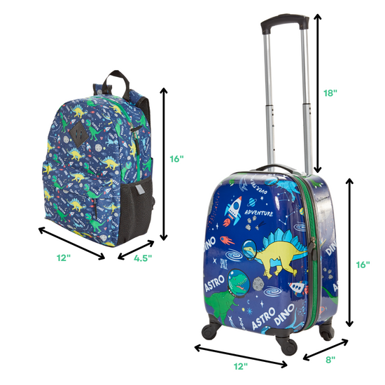 Load image into Gallery viewer, 5 Pc. Boys’ Dinosaur Space Rolling Suitcase Set with Backpack, Neck Pillow, Water Bottle, and Luggage
