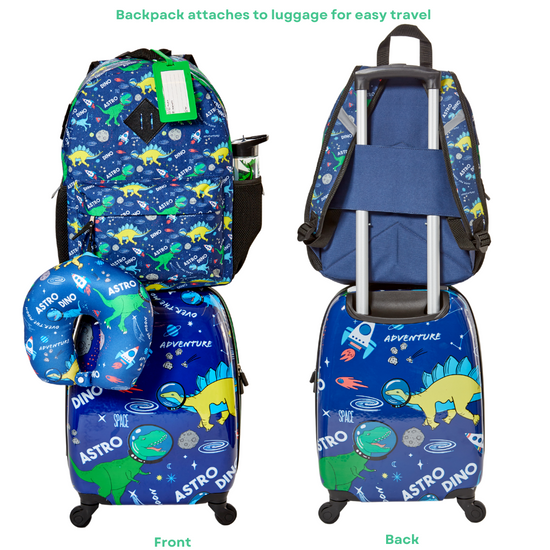 Load image into Gallery viewer, 5 Pc. Boys’ Dinosaur Space Rolling Suitcase Set with Backpack, Neck Pillow, Water Bottle, and Luggage
