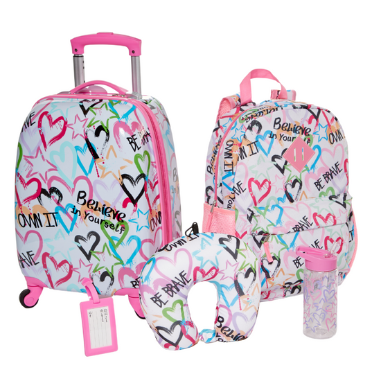 5 Pc. Girls’ Rolling Suitcase Set with Backpack, Neck Pillow, Water Bottle, and Luggage Tag 