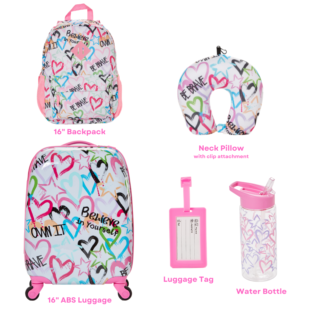 Load image into Gallery viewer, 5 Pc. Girls’ Rolling Suitcase Set with Backpack, Neck Pillow, Water Bottle, and Luggage Tag 
