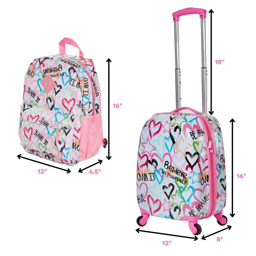 Load image into Gallery viewer, 5 Pc. Girls’ Rolling Suitcase Set with Backpack, Neck Pillow, Water Bottle, and Luggage Tag 
