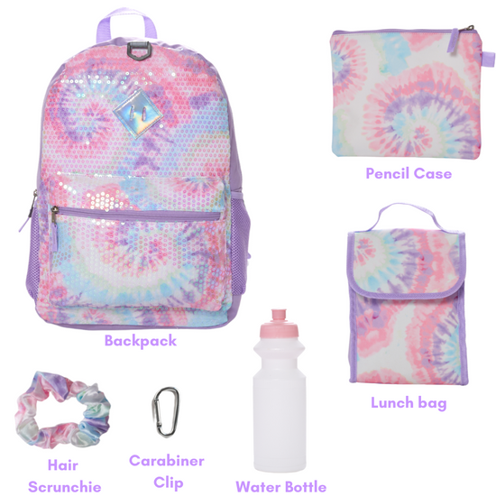 Sequin Tie Dye Backpack Set for Girls 16 inch 6 Pieces
