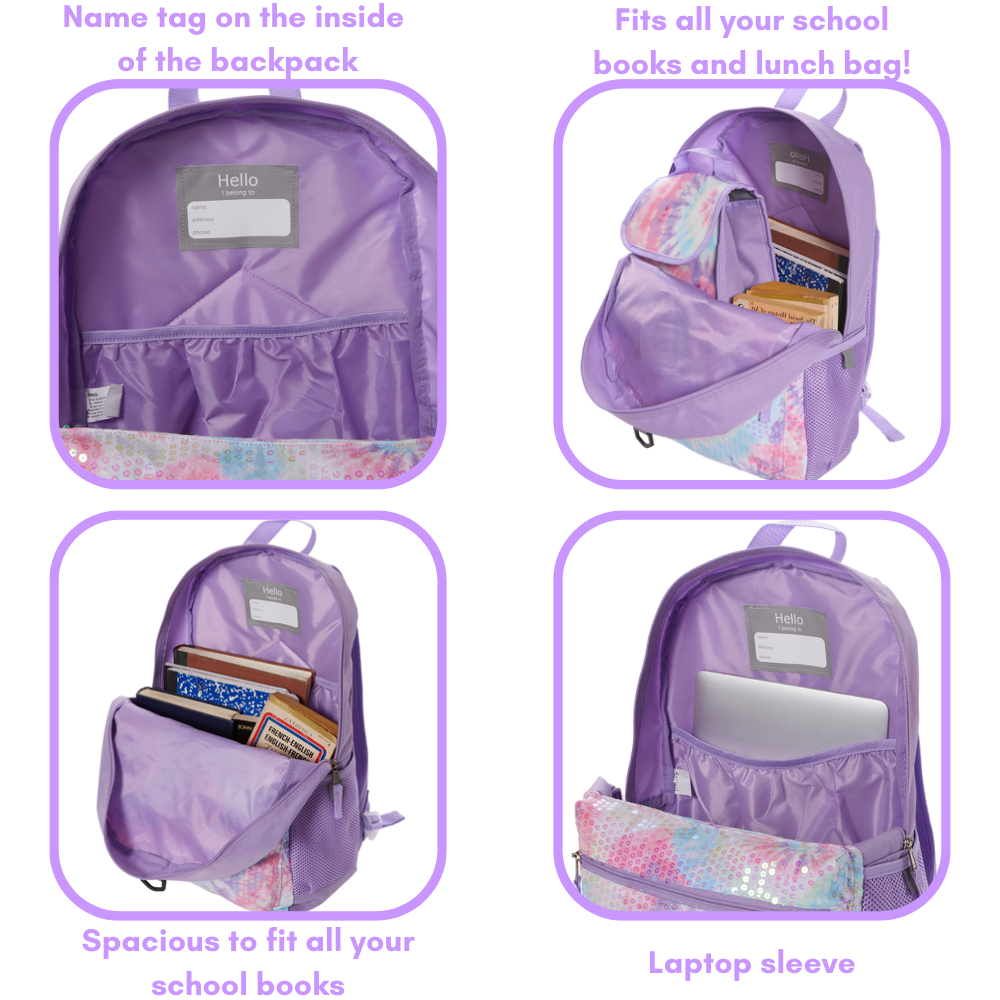 backpack laptop green pink tie die Sequin Tie Dye Backpack Set for Girls, 16 inch, 6 Pieces