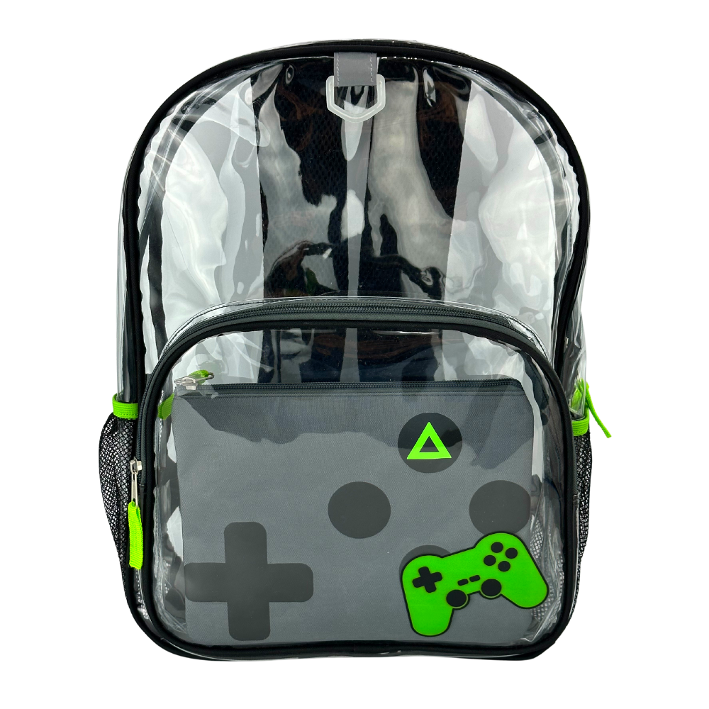 Boys Clear Backpack for School, 16 inch Transparent Bag with Matching Gaming Pencil Pouch, 3 Piece Set