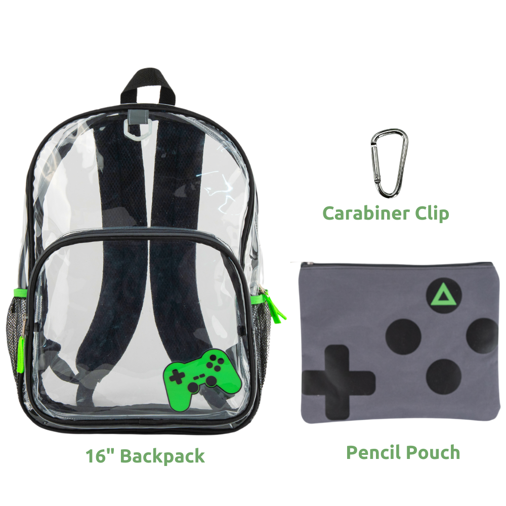 Boys Clear Backpack for School, 16 inch Transparent Bag with Matching Gaming Pencil Pouch, 3 Piece Set