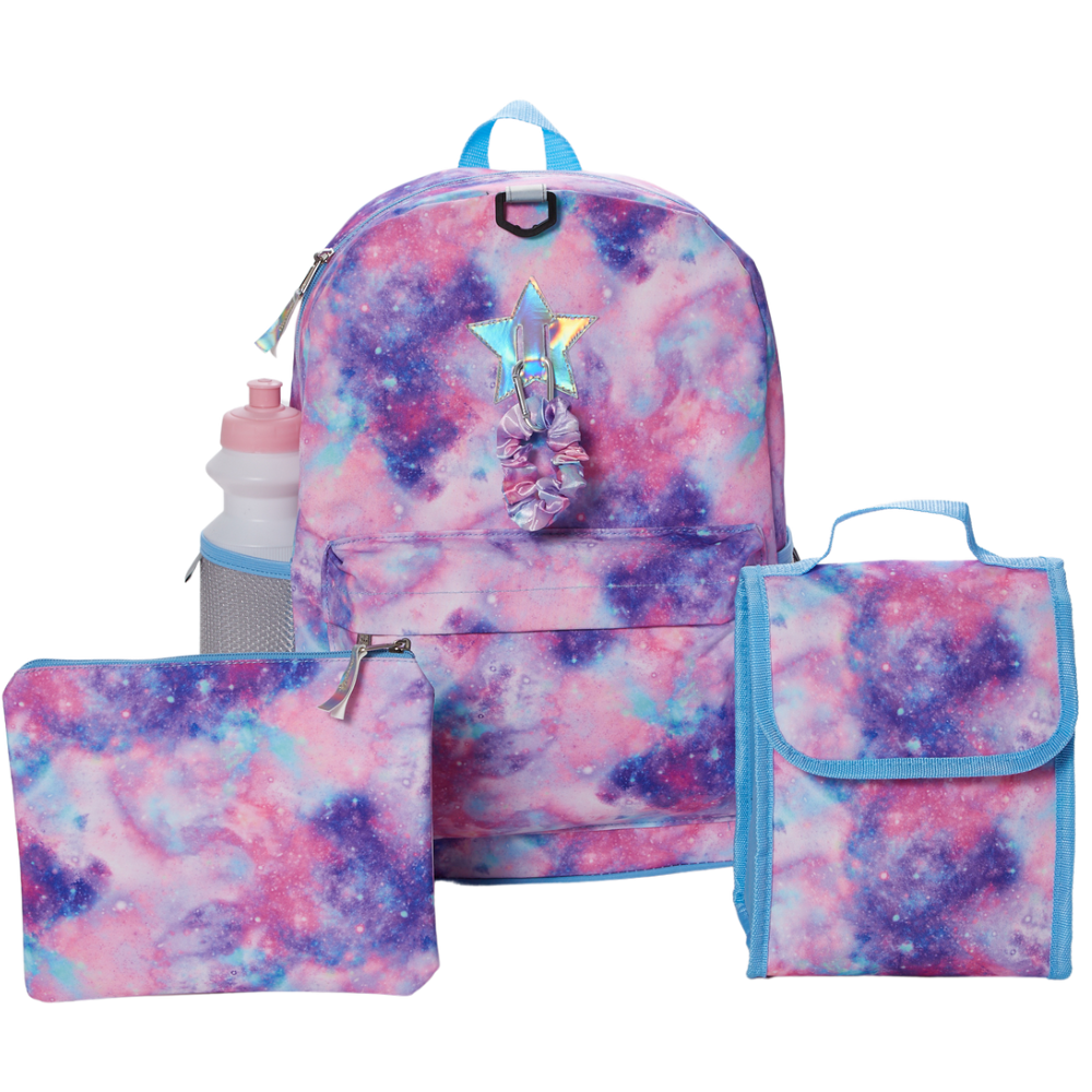 Load image into Gallery viewer, Light Pink Galaxy Backpack Set for Girls, 16 inch, 6 Pieces - Includes Foldable Lunch Bag, Water Bottle, Scrunchie, &amp;amp; Pencil Case
