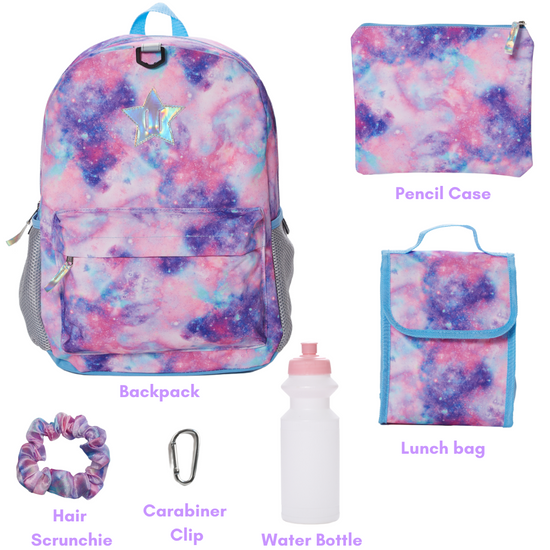 Load image into Gallery viewer, Light Pink Galaxy Backpack Set for Girls, 16 inch, 6 Pieces - Includes Foldable Lunch Bag, Water Bottle, Scrunchie, &amp;amp; Pencil Case
