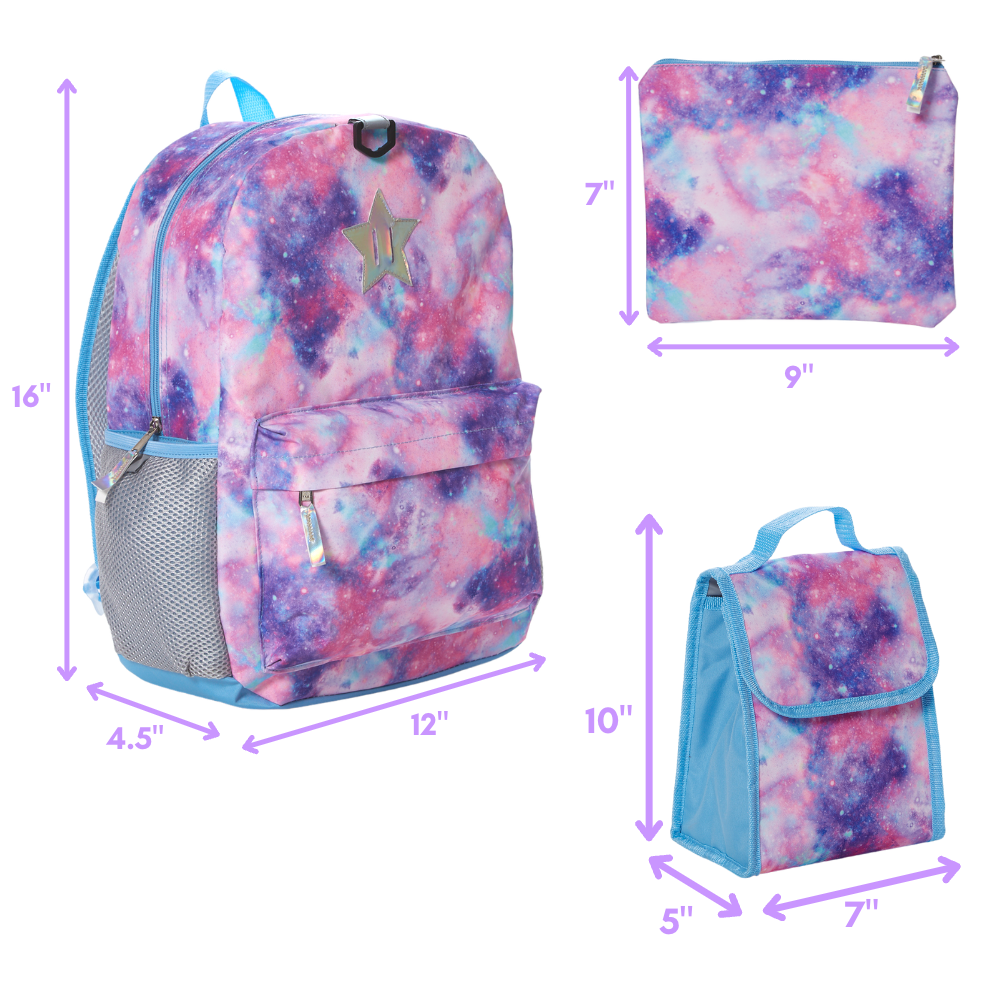 Light Pink Galaxy Backpack Set for Girls, 16 inch, 6 Pieces - Includes Foldable Lunch Bag, Water Bottle, Scrunchie, & Pencil Case