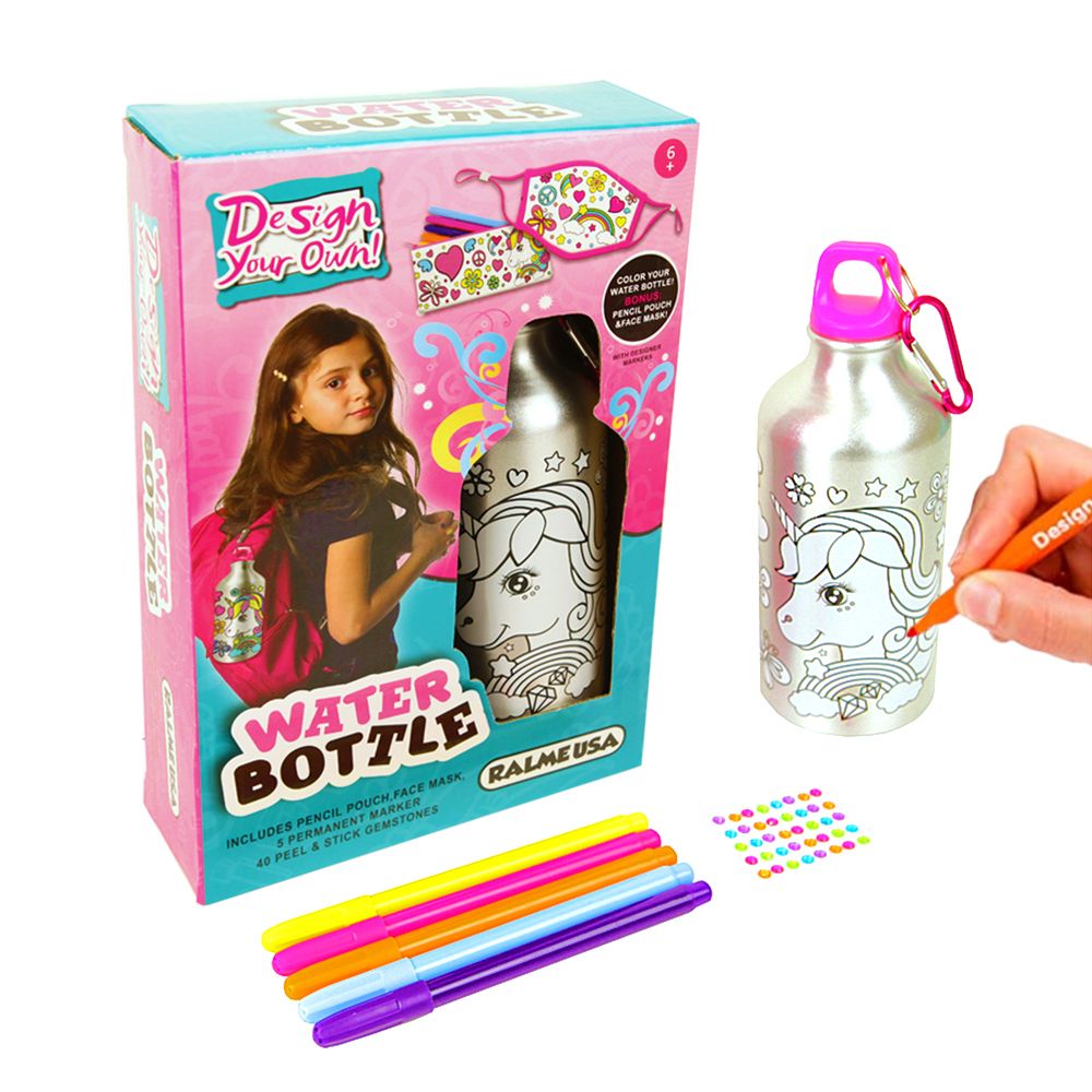 Color Your Own Unicorn Water Bottle for Girls DIY Craft Kit, with Kids Color Your Own Face Mask & Pencil Case