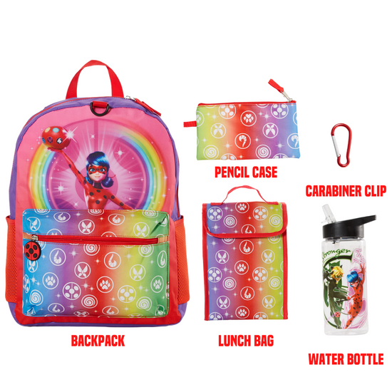 Miraculous Ladybug Backpack Set with Lunch Bag for Girls, 16 inch, 5 Piece Value Set, Rainbow